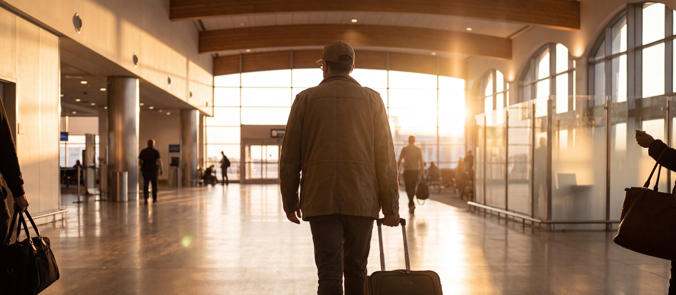 Traveler with a suitcase heading to departure gates