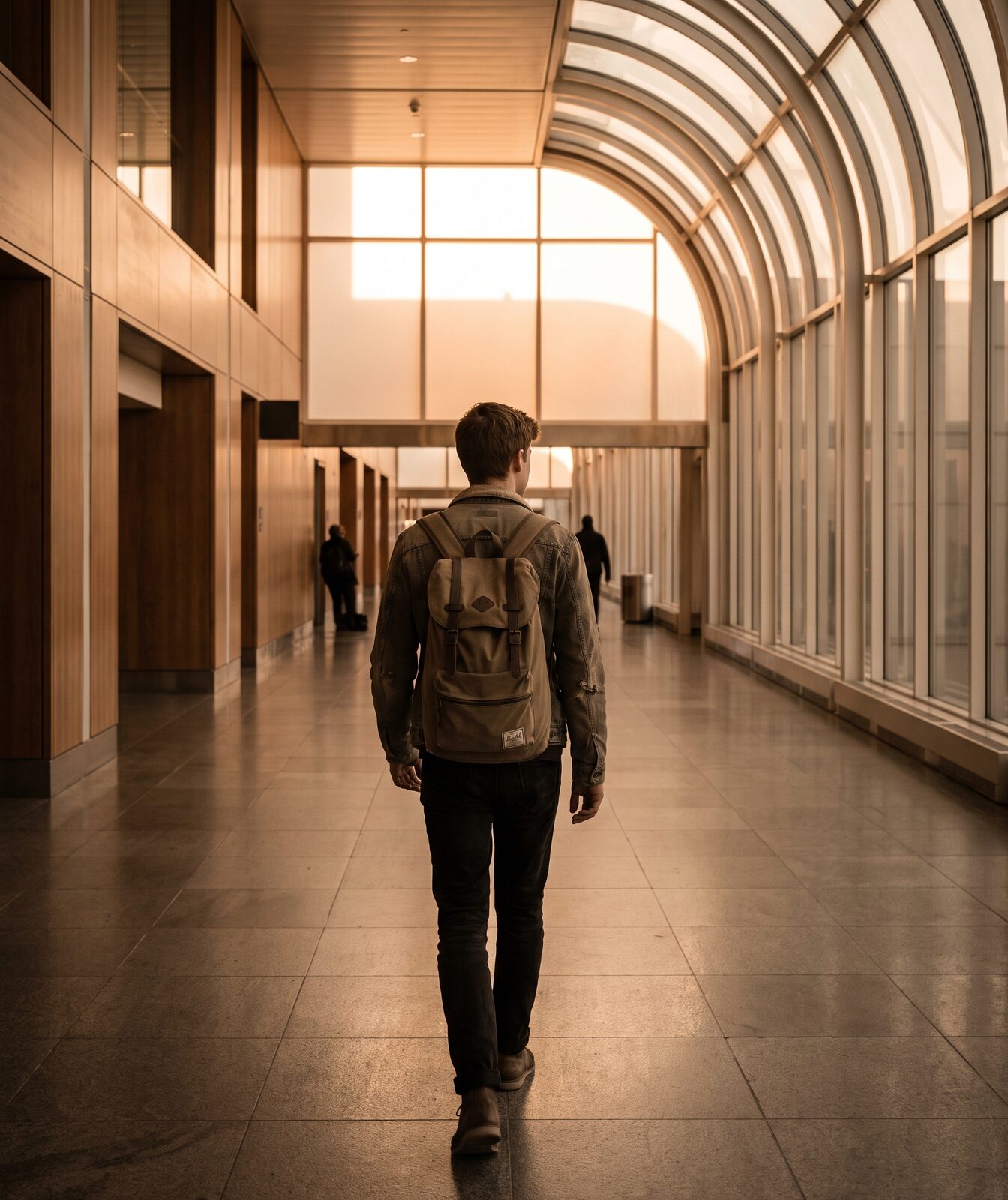 Job seeker with a backpack walking toward the light